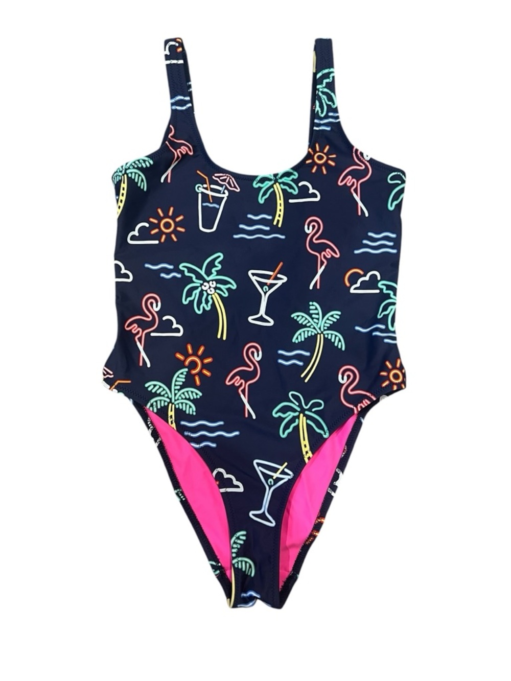 chubbies Navy One-Piece Swimsuit with Neon Tropical Print